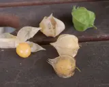 Plusieurs cerises de terre, certaines encore dans leur enveloppe de papier, d'autres mûres et dorées, sur un fond sombre.