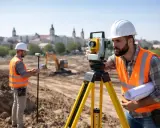 Geodeci pracują na budowie, jeden z nich obsługuje tachimetr, drugi sprawdza dane na tablecie. Zastanawiasz się, ile bierze geodeta za wytyczenie działki?