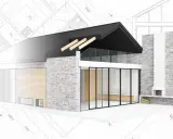 Nowoczesny dom z kamienia i drewna, z dużymi przeszkleniami, na tle planów architektonicznych. Zmiany nieistotne prawo budowlane.
