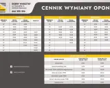 Cennik wymiany opon: tabele z cenami montażu opon osobowych, 4x4 i dostawczych, oraz usługi dodatkowe.
