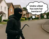 En maskerad person med ett kofot funderar på inbrott statistik och vilket hus som har hemlarm.