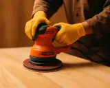 Maintenant, quelle ponceuse choisir pour meuble ? Un artisan utilise une ponceuse orbitale orange pour lisser un plateau en bois.