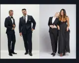Two men in navy suits and two women in black formal wear, showcasing a sophisticated black tie dresscode.