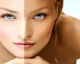 Rostro dividido: piel pálida con un cool undertone y piel bronceada. Ojos azules intensos.