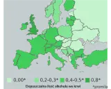 Mapa Europy z dopuszczalną ilością alkoholu we krwi. Aby alkohol się palił, musi mieć co najmniej 0,8 promila.