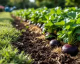 Rangée de radis noirs mûrs dans un jardin ensoleillé, prêts à être récoltés.