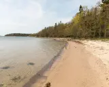En sandstrand vid Riddersholms naturreservat med klart vatten och en lummig skogskant.