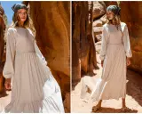 Dwie modelki w lnianych sukienkach boho i chustach na głowie na tle skalistego krajobrazu.