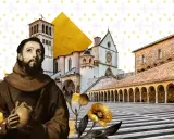 Św. Franciszek z Asyżu, patron roku św. Franciszka, w otoczeniu bazyliki i symboli życia.
