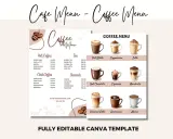 Kawiarniany menu przykład: gorące i zimne kawy, herbaty, desery, gorąca czekolada, espresso, latte, cappuccino, mocha, americano, macchiato, caramel latte.
