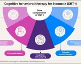 Grafik zeigt Kernkomponenten von CBT-I: Entspannungstherapie, Psychoedukation, kognitive Umstrukturierung, Stimuluskontrolle & Schlafrestriktion.