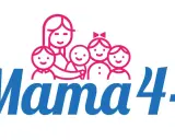 Logo Mama 4+ z uśmiechniętą mamą i czwórką dzieci.