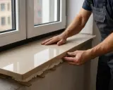 Montaż parapetów granitowych na piankę. Ręce pracownika dopasowują jasny, błyszczący parapet do okna.