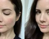 Comparación de diferentes tipos de párpados. Izquierda: párpado caído con delineado. Derecha: párpado abierto, mostrando el ojo y el rubor.