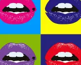 Four vibrant lips in pop art style, reminiscent of Warhol's work, against bold, contrasting backgrounds.