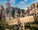 Beeindruckende Berglandschaft bei Barcelona. Ein Kloster schmiegt sich an die Felsen, umgeben von üppiger barcelona natur.