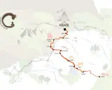 Mappa stilizzata del Cammino di Oropa, con sentieri, santuari e località.