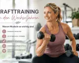 Frau hebt Hantel, zeigt Vorteile von Krafttraining in den Wechseljahren: Muskeln, Stoffwechsel, Knochen, Hormone, Energie.