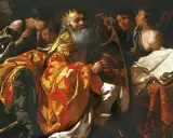 Król Dawid gra na harfie, otoczony aniołami i uczonymi. Pamiętaj człowiecze na Jezusa, bo Jego miłość jest wieczna.