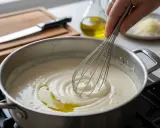 Préparation d'une béchamel sans beurre onctueuse, fouettée avec de l'huile d'olive dans une casserole.