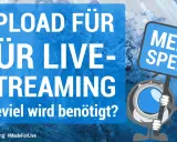 Upload für Live-Streaming: wie viel MB pro Sekunde sind gut? Ein Comic-Charakter mit Kamera hält ein Schild "Mehr Speed".