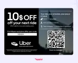 Ulotka informacyjna Uber: 10$ zniżki na przejazd, kod rabatowy, QR kod do zeskanowania.