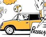 Przegląd techniczny samochodu: kierowca z okularami w żółtym aucie, nad nim znak zapytania z monetami, obok dokument z napisem "Przegląd".