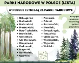 W Polsce istnieją 23 parki narodowe. Lista zawiera nazwy takich jak Babiogórski, Białowieski, Bieszczadzki i wiele innych.