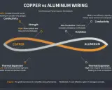 Porównanie miedzi i aluminium: aluminium przewodzi prąd, ale jest mniej wydajne i podatne na utlenianie niż miedź.