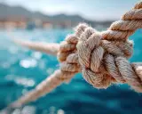 Gros plan sur un nœud de marin bien serré, sur fond de mer bleue et de montagnes floues. L'art de faire un noeud de marin est essentiel pour la sécurité en mer.