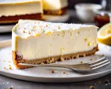 Tranche de cheesecake healthy sans cuisson, crémeuse et légère, garnie de miettes et saupoudrée de sucre glace. Un délice !
