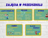 Grafika przedstawia harmonogram zajęć dodatkowych w przedszkolu: angielski, religia, rytmika, zumba i klocki.