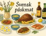 En illustration av svensk påskmat: kalkon, lax, köttbullar, korv, ägg, sill, påskmust och påskris. Här finns fakta om påsken.