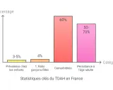 Graphique illustrant des statistiques clés du TDAH en France : prévalence chez les enfants (3-5%), ratio garçons/filles (4%), comorbidités (60%) et persistance à l'âge adulte (50-70%). Ce diagnostic TDA est complexe.
