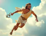 Hermes, Gott der Boten, fliegt mit seinem geflügelten Stab durch die Wolken. Seine Herkunft ist göttlich, seine Mission eilig.