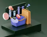 Grafika ilustruje branżę e-commerce: koszyk, torby, wykresy, cel i żarówkę.