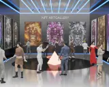 Visitors explore a digital NFT art gallery showcasing vibrant lion portraits, a glimpse into the art of the future.