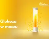 Biały napis "Glukoza w moczu" na żółtym tle. Obok probówka z żółtym płynem i pęcherzykami.