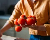 Une personne tient une grappe de tomates rouges fraîches, prêtes à être conservées.