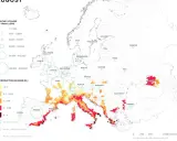 Karta över Europa som visar potentiell spridning av gula febern, med områden markerade i rött och orange där viruset kan frodas.