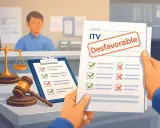 Man holds a document with a stamped "ITV Desfavorable". Scales of justice and a gavel suggest a legal or regulatory issue.