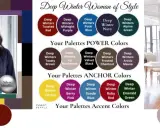 A "Deep Winter Woman of Style" collage showcasing a deep winter color palette with various shades like Toasted Red, Midnight Purple, and Alpine Green.