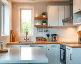 Aménagement petite cuisine 4m2 : évier, plaque cuisson, four, rangements blancs et étagères en bois. Lumineux et fonctionnel.