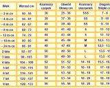 Tabela rozmiarów odzieży, czapek, skarpetek i bucików. Wiersz z rozmiarem 98 wskazuje "2 lata" i wzrost 92-97 cm.