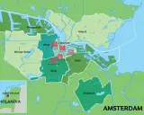 Mapa Amsterdamu z zaznaczonymi dzielnicami: Centrum, West, Noord, Oost, Zuid, Zuidoost, Westpoort, Nieuw-West. Idealny amsterdam przewodnik.