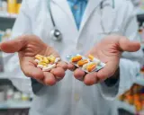Farmaceuta trzyma w dłoniach tabletki i kapsułki w blistrze.
