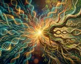 Doppia elica DNA si fonde con albero della vita, un'esplosione di luce simboleggia il cervello borderline, dove scienza e natura si intrecciano.