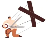 Persona con forbici taglia i fili di un burattino a forma di croce, simboleggiando come destabilizzare un manipolatore.