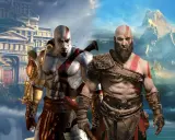 Kratos, bóg wojny, w dwóch odsłonach. Na tle starożytnej budowli i górskiej scenerii.