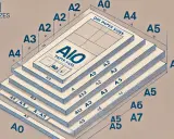 Diagrama de tamaños de papel DIN, apilados en orden descendente. Se muestra una hoja A0 en la parte inferior, con tamaños A1, A2, A3, A4 y A5 apilados encima. Cada hoja tiene su tamaño etiquetado. La medida cuartilla se relaciona con el tamaño A4.